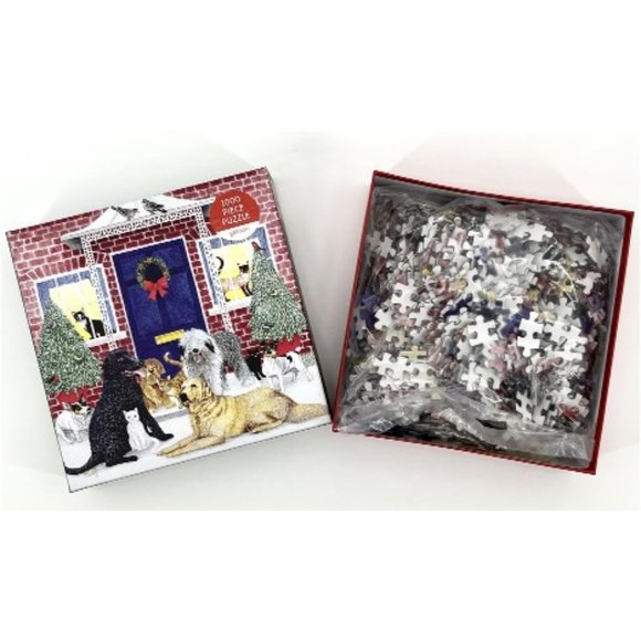 Galison Christmas Cottage Dogs Cats Animals 1000 Piece Puzzle NEW - Picture 2 of 3